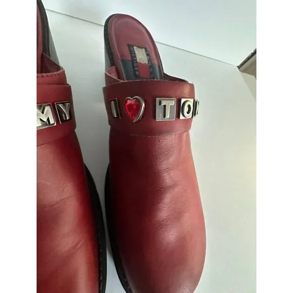 Vtg Y2K 90’s Tommy Hilfiger Slip On Chunky Leather‎ Mules Womens 11M Bejeweled